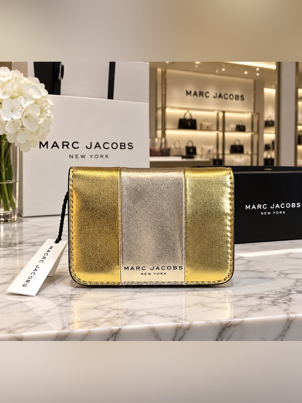 New Marc Jacobs Metallic Gold and Silver Leather Card Case